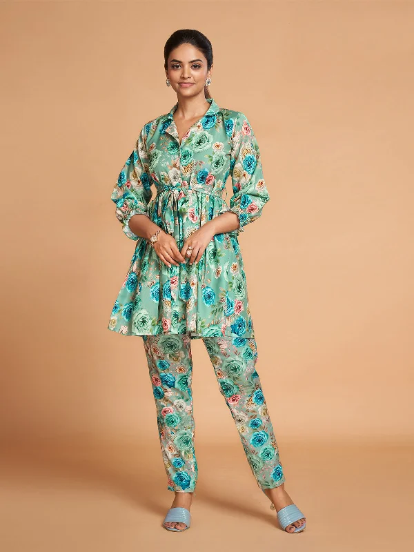 Odette Women Sea Green Rayon Printed Stitched Co-Ord Set