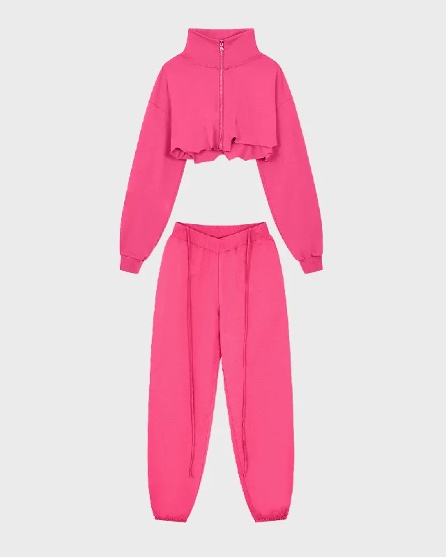 Set Crop Top With Long Sleeve Drawstring & Slim Joggers In Pink