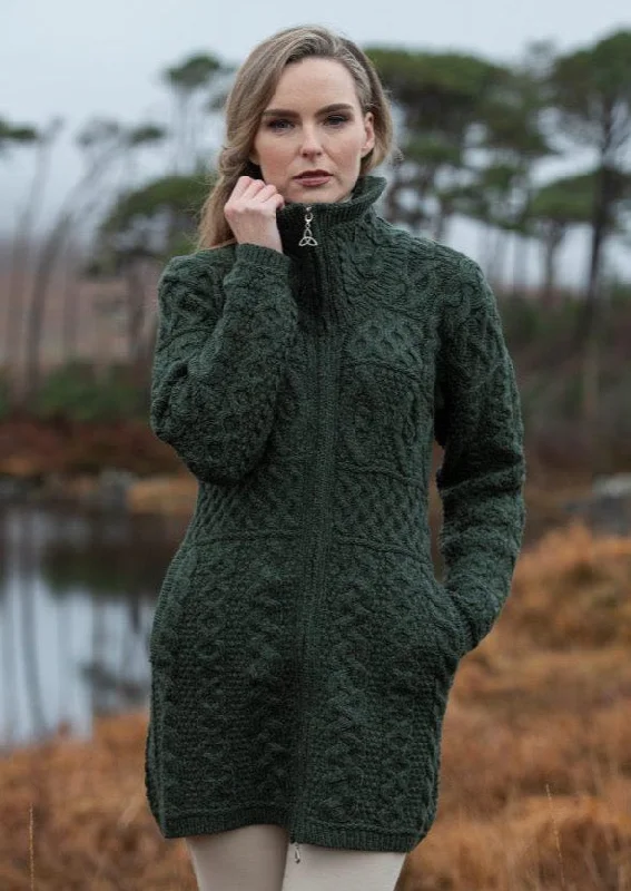 Double Collar Aran Sweater Coat | Green