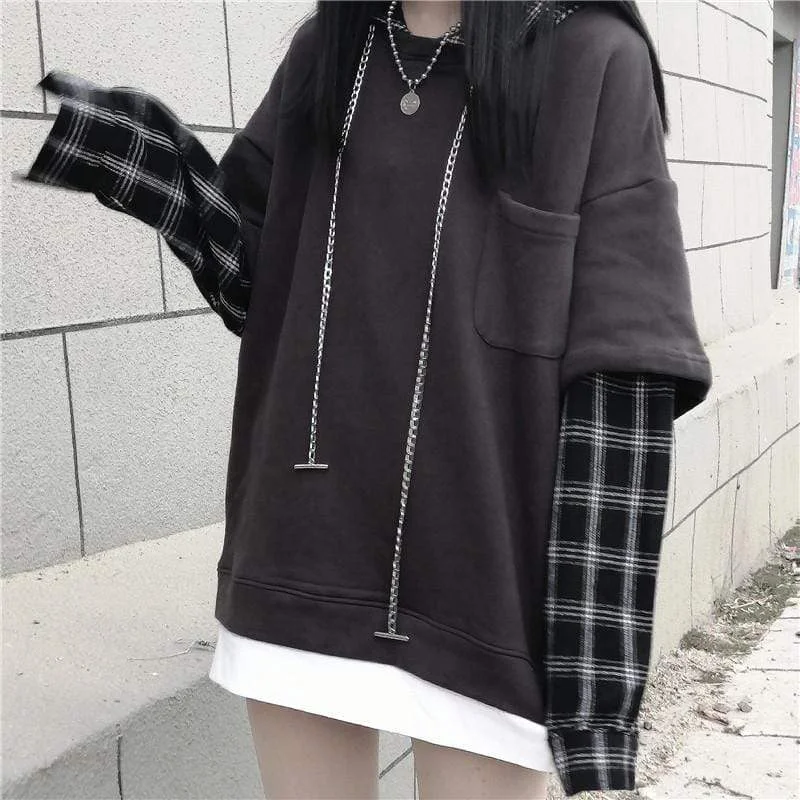 Women's Korean Fashion Pure Color Sweaters Splicing Plaid Hoodies And White Tees